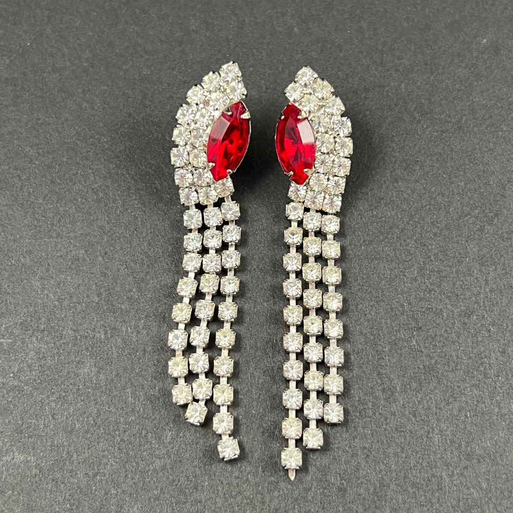 Vintage Rhinestone Earrings Red Silver Tone Fringe Chandelier Formal 2.75" - Picture 5 of 10